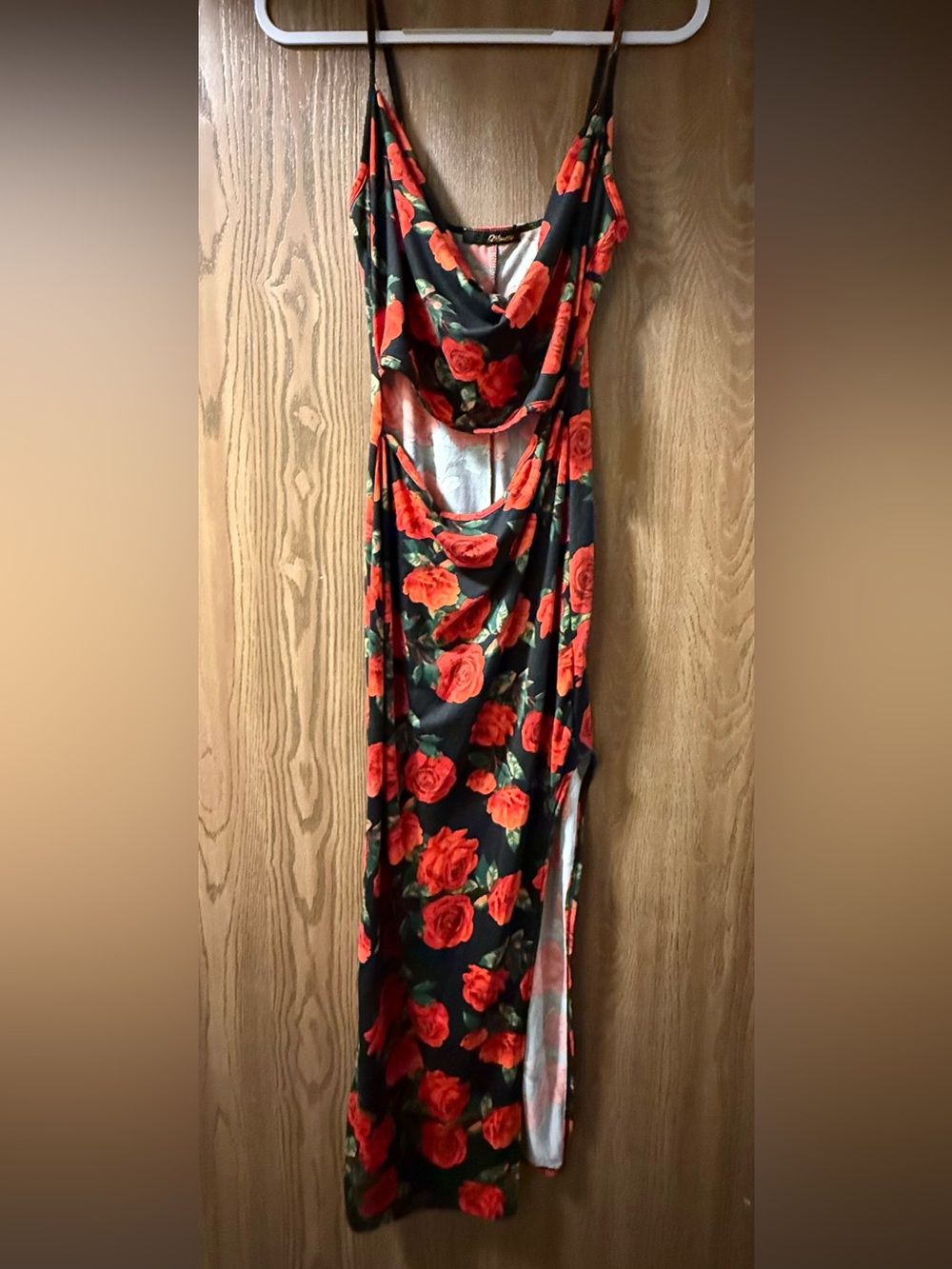 Black Floral Slip Dress with Red Rose Print